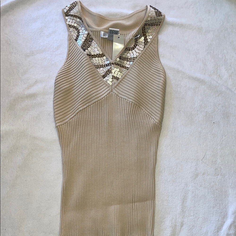 WD-NY  stretch Sleeveless Fitted silk blend Top with Sequin Detail Large NWT